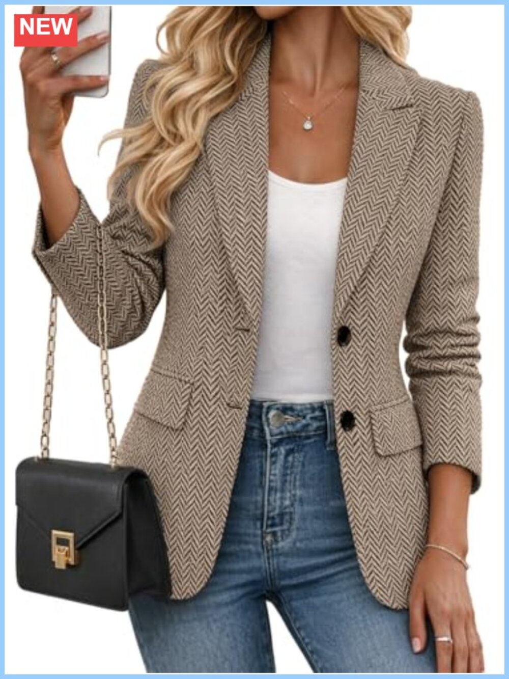 Herringbone Tweed Blazer Two-Button Suit Jacket Business Casual